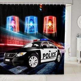 Kids Police Car Toddler Fabric Shower Curtains Policeman Boys Shower Curtain for Adults Girls Black The Polica Vehicle Bathroom Waterproof Accessories with 12 Hooks Automobile Car Decor,72x72 Inches