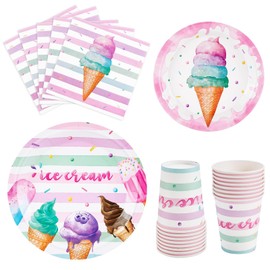 WERNNSAI Summer Ice Cream Party Supplies Set for Girls Birthday Baby Shower Party Tableware Set with 64 Disposable Plates Cups Napkins for 16 Guests