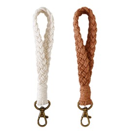 Aoksunova Pack of 2 Key Rings Macrame Bracelet Lanyard Women Key Chain Short Boho Lanyard, White and brown