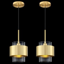 2 Pack 1 Light Hanging Indoor Kitchen Island Rod Pendant Ceiling Light Fixture,5.5" Drum Clear Glass Chandelier Shade Brushed Bronze Finish Modern Farmhouse Dinning Over Sink