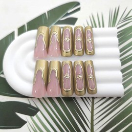 Gold French Tip Press on Nails Long Square Fake Nails Extra Long Nails Press ons with Stars Rhinestones Designs Glossy Glue on Nails Artificial Acrylic Nails Nude Stick on Nails for Women 24 Pcs