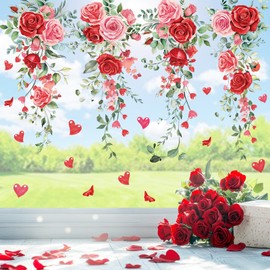 Whaline 9 Sheets Spring Rose Flower Hanging Vine Window Cling Stickers Eucalyptus Leaves Reusable Window Decals Red Pink Flower Window Stickers for Wedding Party Home Decoration