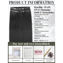LOXXY Double Layered Butterfly Weft PU Hair Extension - 16 Inch 100g Invisible OVO Real Human Hair Extension - 1PCS Jet Black, No Glue Genius Weft Bead in Extensions Hair, Weft Width 31.5" (80cm)