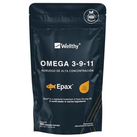 Wellthy Omega 3-9- 11 Epax® 180 Cápsulas. El aceite de pescado Noruego Epax® Ultra concentrado en EPA 1000mg, DHA 400mg, Omega 9 180mg. Bottle Free.