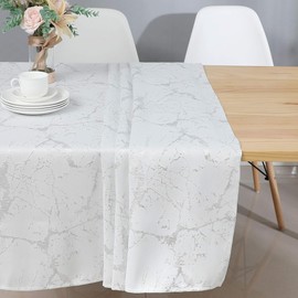 Majestic Giftware Polyester Tablecloths for Rectangle Tables | (70/144) - TC1306 Jacquard White Silver Marble Print Hem Stitch Dining Table Cover | Decorative Washable Tablecloth for Kitchen, Dining