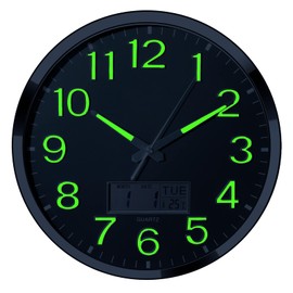 Plumeet Night Light Wall Clock, 14’’ Large Bedroom Wall Clocks with Glowing LCD Display, Silent Battery Operated Clock Decorate Living Room, Digital Wall Clocks Display Date Week Temp (Green)