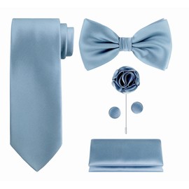 Juego de 5 corbatas en caja de regalo, color blanco o negro: corbata de color sólido, pajarita de satén, cuadrado de bolsillo, solapa, gemelos, a,dusty azul, Reg
