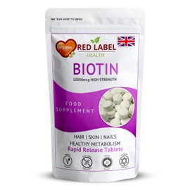 Red Label Health Biotin 10000mcg Tablets, Hair Growth Supplement for Women & Men, 200 Tablets (6+ Months Supply), Hair, Skin, Nails Vitamins, D-Biotin Vegan, Vegetarian, Made in The UK
