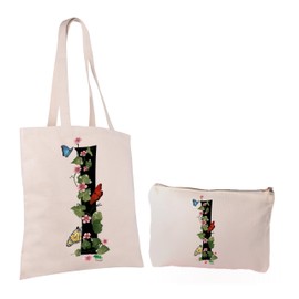 Cotton Shopping Bag and Toiletry Bag Set Letter Print Floral Butterfly Neutral Colour, Natural beige