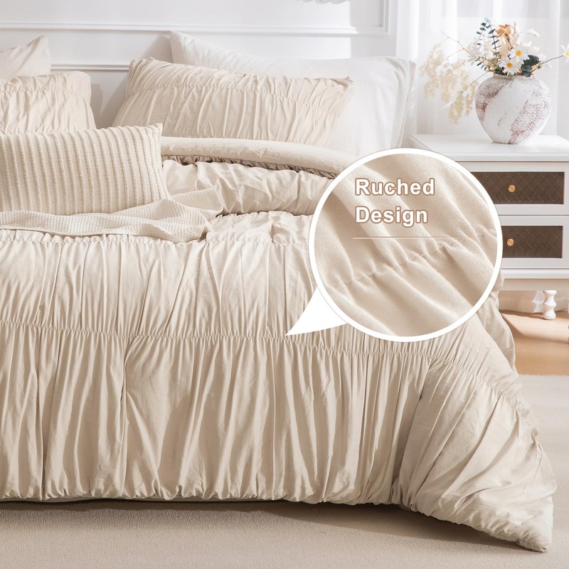 Masaca King Size Comforter Set(106"x95"),Wheat Ruched Bedding Comforter,Farmhouse Shabby Boho