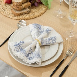 GLORY SEASON Classic French Village Printed Linen Fabric Cloth Reusable Napkin with Elegant Lace Washable Cloth Dinner Napkins 6 Pack 18X18 Inch Soft,Natural for Dinners,Parties,Wedding,Everyday Use