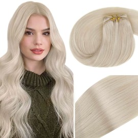 Blonde Hair Extensions for Sewing-In Real Hair 18 inches / 45 cm Icy White Blonde Real Hair Extensions for Sewing in Blonde Thick Hair 100 g / Pack #60