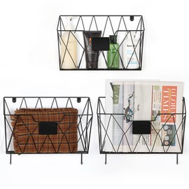 Wall Files Organizer Rack 3 Pockets Wall Mount Mail Organizer Hanging Magazine Rack with Metal Hooks for Paper Files Office Home, Black