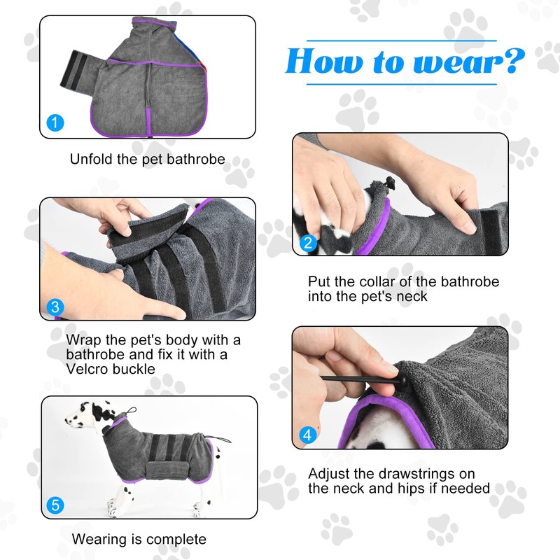 KATELUO Microfibre Dog Bathrobe with Velcro Closure, Quick Drying Dog
