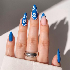 Almond Press on Nails Medium Fake Nails with White Flower Design Glue on Nails Dark Blue French Tip False Nails Solid Color Nails Press ons Cute Artificial Stick on Nails for Women Girls 24Pcs