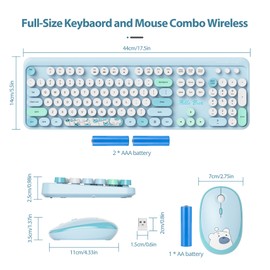 SbocKeeb Wireless Typewriter Keyboard and Mouse Combo Retro 104 Key Full Size Office Set Blue Keyboard with Silent Round Keycaps, Ideal for Laptop and Desktop PCs, Cute esign Keyboard.(Blue)