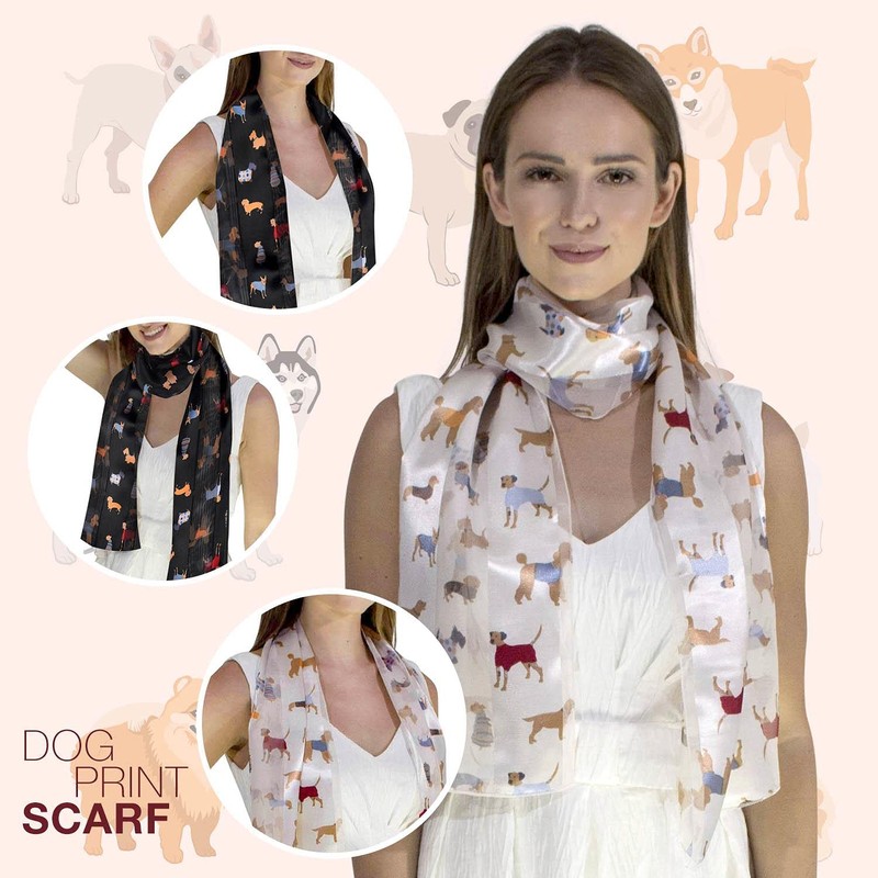 Dog Print Satin Stripe Scarf, Multi Black