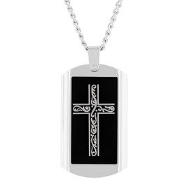 Elegant Scroll Men's Cross Dog Tag Pendant - Two-Tone Design on 24" Curb Chain, Stainless Steel