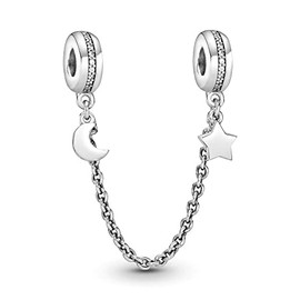 BEEUVIP Half Moon and Star Safety Chain Charm 925 Sterling Silver Bead for Charm Bracelets and Necklaces, Birthday Mothers Day Jewelry Gifts Women