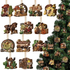 Vercraft 36 Pcs Christmas Western Cowboy Ornaments Wooden Christmas Tree Decorations Cowboy Wild West Hanging Ornaments Western Cowhide Cactus Sheriff Wood Pendant Sign for Xmas Tree Home Decor