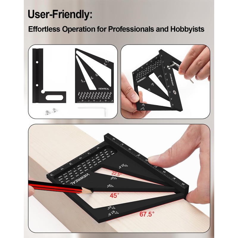 ViewReal Multi-Angle Measuring Ruler,3D Woodworking Square, 22.5-90 Degree Aluminum Alloy