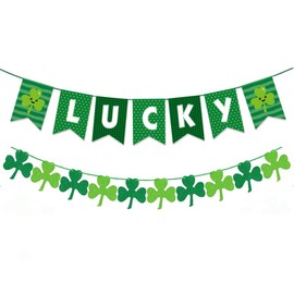 Green Lucky St Patrick's Banner - Glitter Shamrock Banner for Saint Patrick's Day Irish Party, Lucky Banner for Mantel Indoor Decor