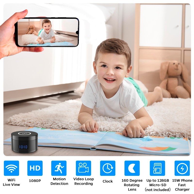Indoor Camera with Clock and Wireless Charging, 1080P WiFi Cameras