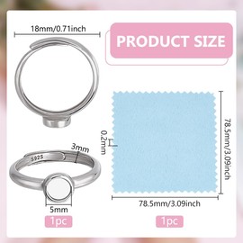 BENECREAT 925 Sterling Silver Round Bezel Blank Cup Ring Setting, 5mm Round Bezel Cup Size 18mm Blank Adjustable Rings for Jewelry Making
