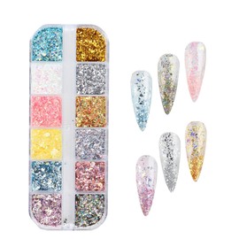 Vxcbad 12 Grids Nail Glitter - Multicoloured Nail Foil for Nail Jewellery - Nail Supplies and Nail Glitter Sequins for Women (001)