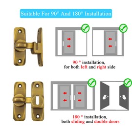 Pack of 2 Small Door Bolt for Sliding Doors, 90 Degree Door Bolts for Interior Doors, Latch for Double-Sided Opening Doors, Vintage Door Lock for Kitchens, Bedrooms, Bathrooms (Brass)
