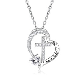 MANBU Sterling Silver Cross Necklace for Girls: Heart Birthstone I am a Child of God Pendant Religious Jewelry Baptism First Communion Confirmation Gifts for Teens (04-April)