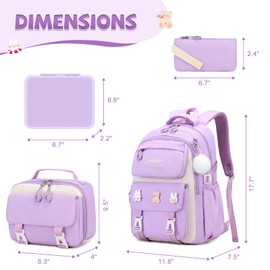 DIGOBAY 6PCS Girls Backpack Set with Bento Box for School, Kids Backpack for Girls with Lunch Bag Pencil Case for Girl School Bookbag with Lunch Snack Container, Utensils Purple
