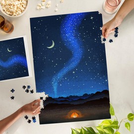 Lantern Press 1000 Piece Jigsaw Puzzle, Camping Scene, Tent and Night Sky, Mid-Century Style