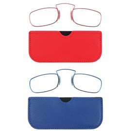REAVEE 2 Pack Small Armless Reading Glasses for Men Women, Blue Light Blocking Rectangle No Temple Thin Compact Readers with Portable Case, Red and Blue +3.0