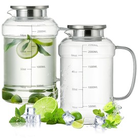 Buaic Glass Pitcher with Lid, 2 PACK 74 oz/2.2L Water Pitcher, Clear Borosilicate Glass Water Carafe for Cold Brew, Coffee, Lemonade, Iced SunTea,Beverage, Heat Resistant Water Glass Jug