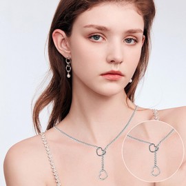 PENCHUAN Love Shackles Necklace, 70 cm Heart Slip Chain, Heart Lariat Y Necklace, Choker Pendant Necklace, Adjustable Lariat Necklace, Heart Slip Chain Necklace for Women, Stainless Steel