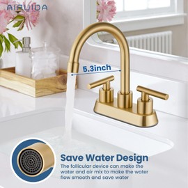 Airuida 4 Inch Centerset Bathroom Faucets,2 Handle Bathroom Sink Faucet,Two Hole Restroom Vanity Faucet with Pop Up Drain 2 Water Supply Lines and Swivel Round Spout Brushed Gold