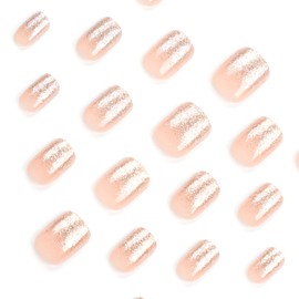 Press On Nails, Gold Foil Glitter Designed in Glue on Nails, Golden Line Fake Nails, Short Square Almond Ballet Shape for Stick On Nails on 24PCS (Short Gold Glitter)