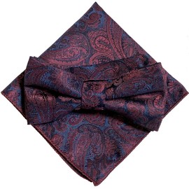 Pordeau Paisley Men's One-Touch Casual Formal Bow Tie & Pocket Square Set of 2, Bordeaux (Paisley)