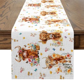 jejeloiu Highland Cattle Table Runner 13" x 48" Highland Cow Kitchen Dining Table Decoration for Home Party Cute Animal Home Decor for Living Room Dresser Scarfs Dresser Runners for Bedroom