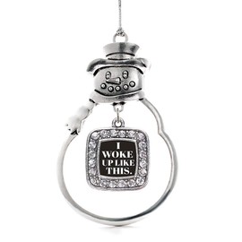 Inspired Silver - I Woke Up Like This Charm Ornament - Silver Square Charm Snowman Ornament with Cubic Zirconia Jewelry