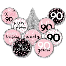 Pink, Black, and White 90th Birthday Party Favor Chocolate Kisses Candy Stickers - 180 Count, 90th Birthday Decorations for Women