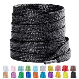 Booyckiy 2 Pairs Flat Glitter Metallic Sparkly Shoe Laces for Sneakers, 5/16" Wide in 31"-63" Colorful Shiny Shoelaces Replacement Fashion Shoe Strings, Black, 47inch (120cm)