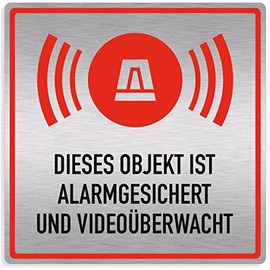 Alarm System Sign "Objekt alarmgesichert und Videoüberwacht" ("Objekt alarmgesichert und Videoüberwacht") Elegant Look Brushed Silver Aluminium Composite 20x20 cm