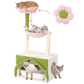 HOMBYS Flower Cat Tree with Litter Box 46 Inch Cattree for Indoor Cats with Storage Cabinet and Cat Hammock, Soft Fleece Surface, Sisal Cat Scratching Post and Plush Balls, All-in-one Cat Furniture