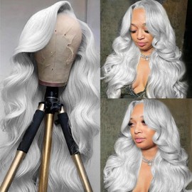 Munx 30 Inch Grey Lace Front Wig Human Hair HD Transparent Lace Frontal Wig for Women 180% Density Pre Plucked Glueless Silver Grey Body Wave Wigs with Baby Hair