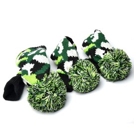 GOOACTION 3PCS Knitted Golf Head Covers 1-3-5 for Driver and Fairway Woods with Long Neck Design Camouflage Army Green Sock Pom Pom Camo Vintage Golf Club Head Covers Set
