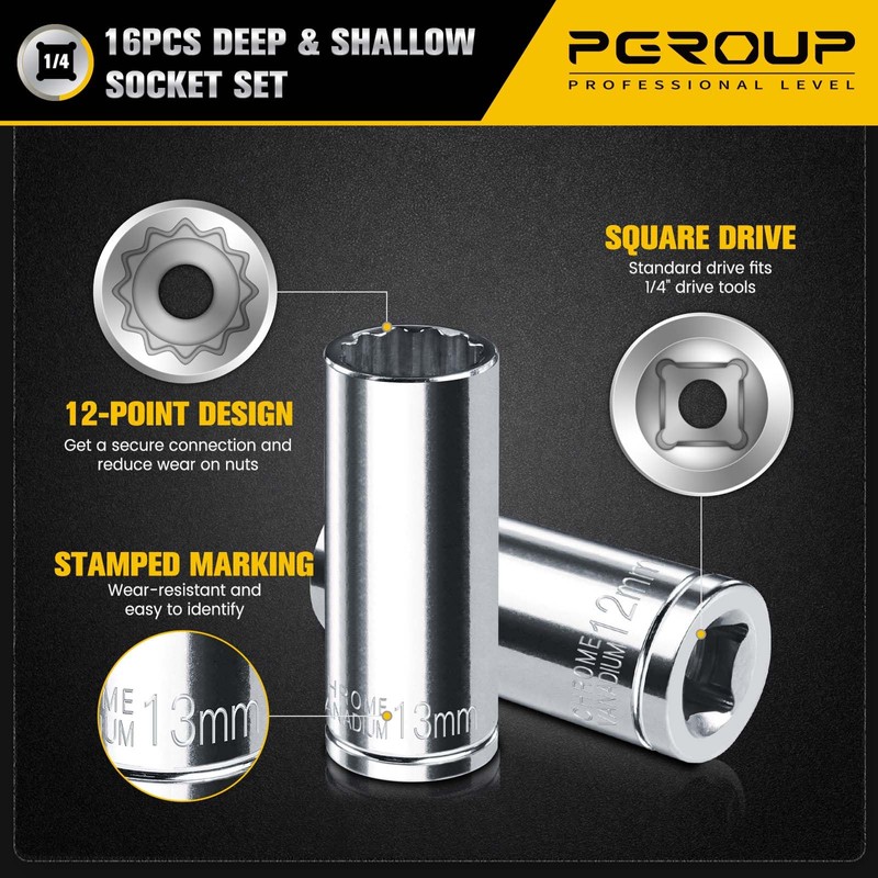 pgroup 1/4" Drive Socket Set, 16PCS 12-Point Deep and Shallow