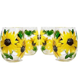 Hand Painted Sunflower Wine Glass Set of 4 - Artisan Painted - Stemless Wine Glasses - 15 ounces