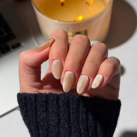 SXVME Cat Eye Nude Pink Press On Nails Short Almond Shaped - 30Pcs Stiletto Fake Nails Acrylic Press ons Natural Thick Gel Nails Short Glue on Nails Opaque Glitter False Nails for Women No Glue